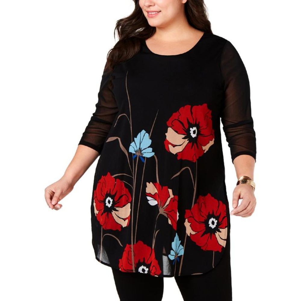 Alfani Womens Black Floral Crew Neck Office Tunic Top Shirt Plus NWT